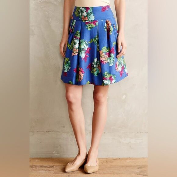 Anthropologie | Maeve | Blue Floral Zippered Rose Pockets Garden Days Skirt Sz 4 - Picture 2 of 9